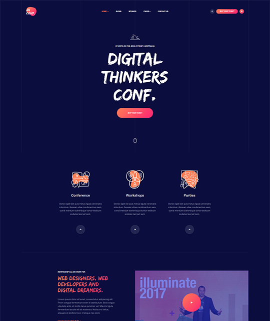 Joomla events template homepage layout blue color - JA Conference