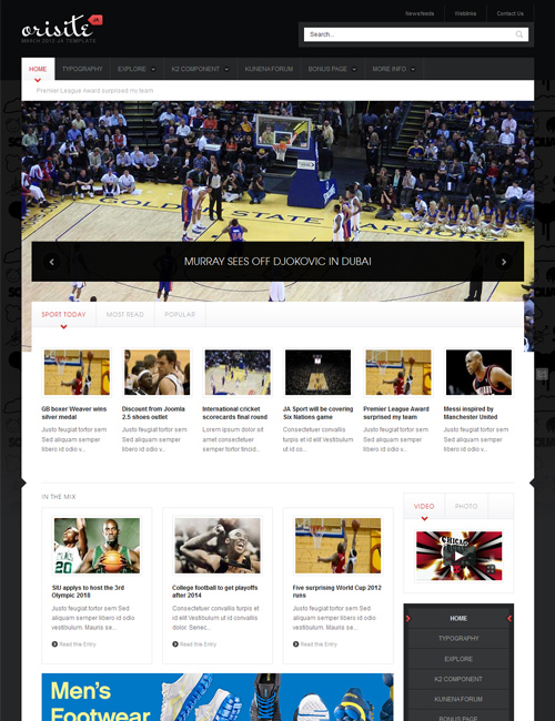 JA Orisite Sports tempate for joomla dark theme